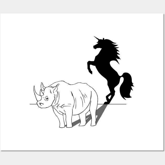 Rhino with unicorn shadow Wall Art by konnijensen